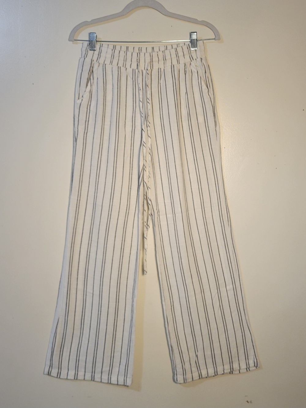 Blue Rain (Women's XS) Striped Wide-Leg Linen Blend Pull-on Pants - White/Black